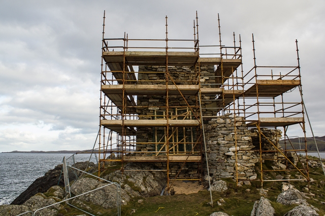 South face of Carrickabraghy Castle with scaffolding